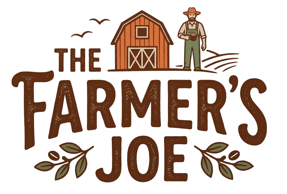 The Farmer's Joe — barn and farmer with coffee cup